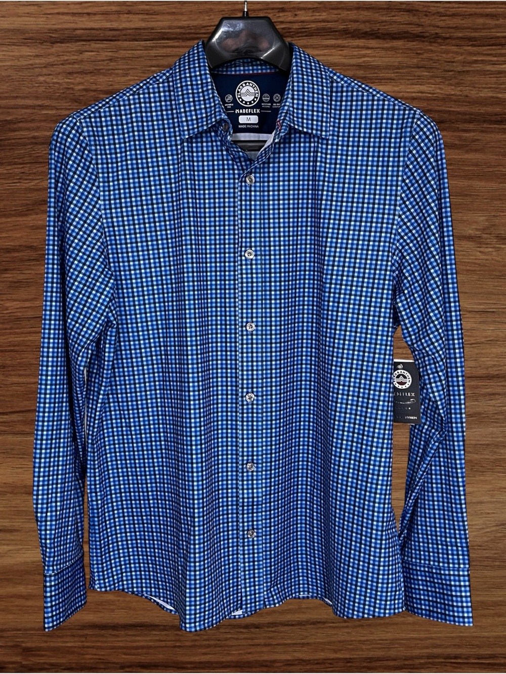 Flag & Anthem Madeflex Blue Check 4-Way Stretch Button Down Shirt. Medium